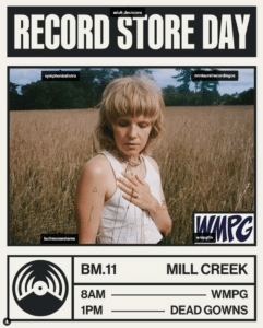 A person stands in a field with closed eyes, hand on chest—serenity amidst the chaos. Text reads: "Record Store Day," "WMPG," and other intriguing details like "BM.11 Mill Creek." Tagged usernames hint at shared experiences from this 8AM celebration leading to a 1PM Dead Gowns performance.